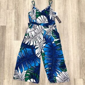 Tropical Leaf Print Jumpsuit Wide Legs Spaghetti Straps Tie Size 12